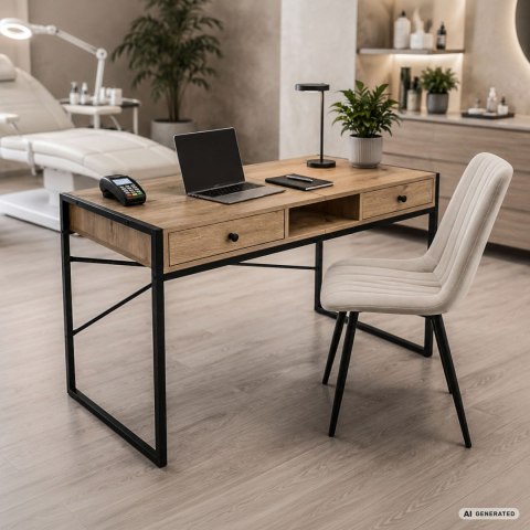 Biurko industrialne komputerowe Dąb Artisan ELONIS 123 cm 2 szuflady 1 półka Czarne nogi