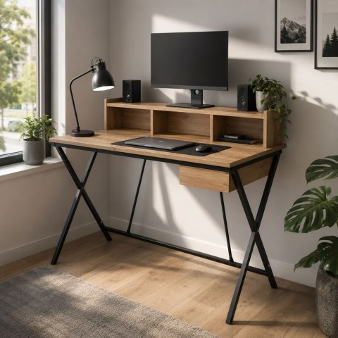 Biurko industrialne komputerowe Dąb Artisan FLEXO 100 cm 1 szuflada 1 półka Czarne nogi