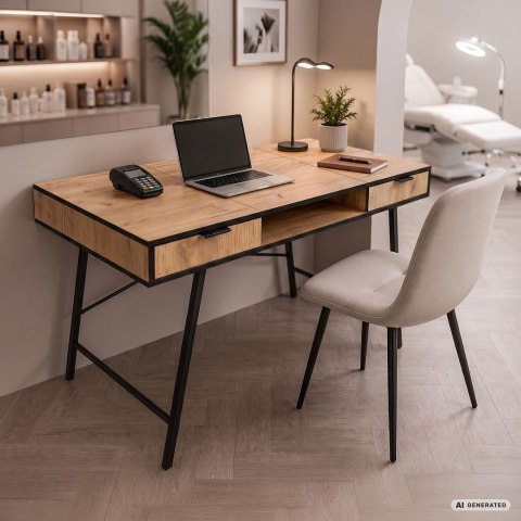 Biurko industrialne komputerowe Dąb Craft ARDEN 120 cm 2 szuflady 1 półka Czarne nogi