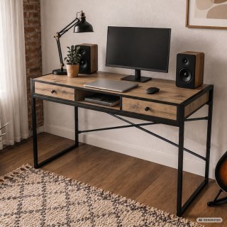 Biurko industrialne komputerowe Dąb Craft ELONIS 123 cm 2 szuflady 1 półka Czarne nogi