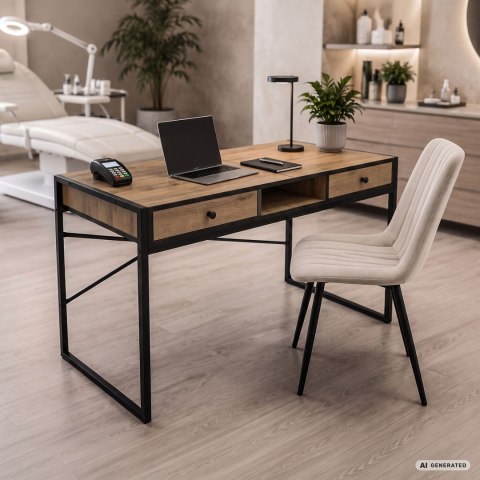 Biurko industrialne komputerowe Dąb Craft ELONIS 123 cm 2 szuflady 1 półka Czarne nogi