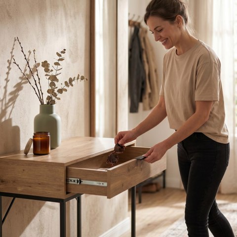 Konsola stolik loftowy MODENA 1 szuflada 80 cm Dąb Artisan Czarne nogi