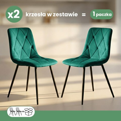 2x Welurowe krzesło tapicerowane pikowane Butelkowa Zieleń MILO Czarne nogi