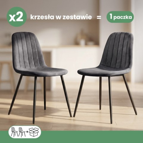2x Welurowe krzesło tapicerowane pikowane Ciemny Grafit LUMO Czarne nogi