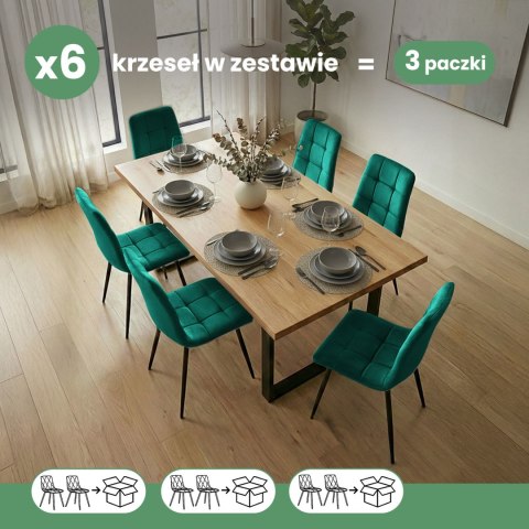 6x Welurowe krzesło tapicerowane pikowane Butelkowa Zieleń NERO Czarne nogi