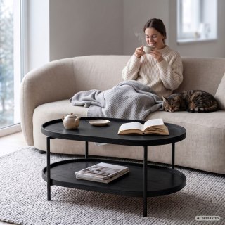 Stolik kawowy loftowy CORTADO 90 cm owalny z półką czarny czarne nogi