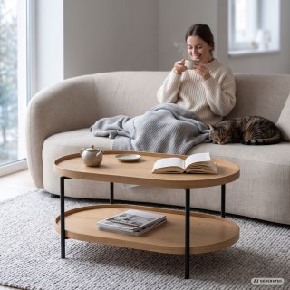 Stolik kawowy loftowy CORTADO 90 cm owalny z półką naturalne drewno czarne nogi