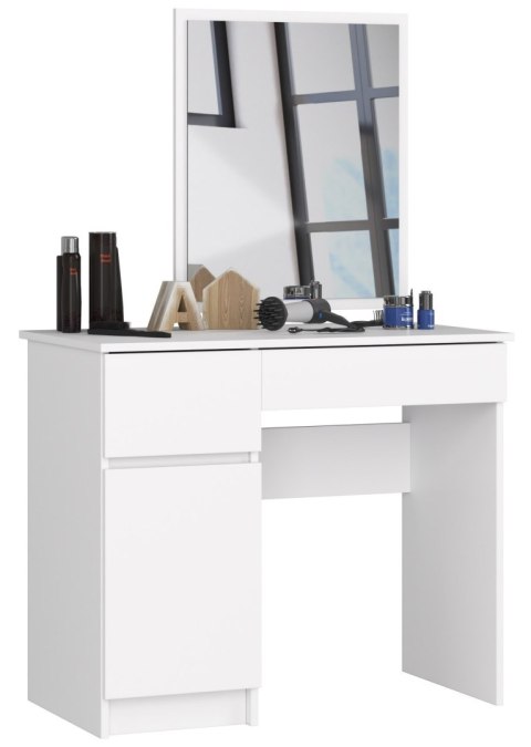 Toaletka AKORD Biała 90 cm z lustrem 500x600 lewa 1 drzwi 2 szuflady kolor Biały mat 2 półki 90x50x142 cm