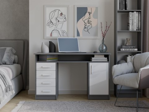 BIURKO ADA ANTRACYT BIAŁY 125 Cm 4 Szuflady Szafka Półki Do Biura Pokoju Na Laptop