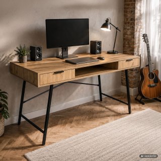 Biurko industrialne komputerowe Dąb Artisan ARDEN 120 cm 2 szuflady 1 półka Czarne nogi