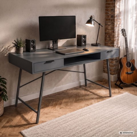 Biurko industrialne komputerowe Grafit ARDEN 120 cm 2 szuflady 1 półka Czarne nogi