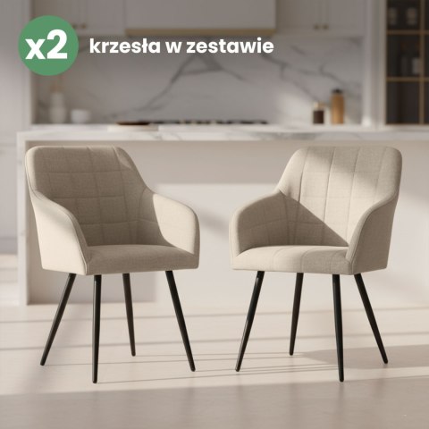 2x Krzesło tapicerowane z przeszyciami kwadratowymi Beżowe LUXANO Czarne nogi tkanina Lumos
