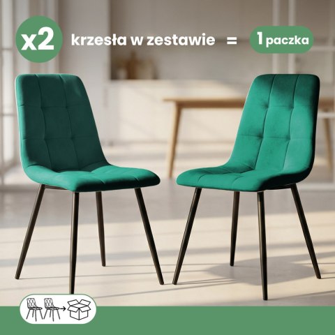 2x Welurowe krzesło tapicerowane pikowane Butelkowa Zieleń NERO Czarne nogi