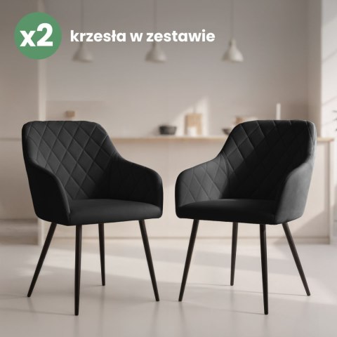 2x Welurowe krzesło tapicerowane pikowane w romby Czarne VELTO Czarne nogi