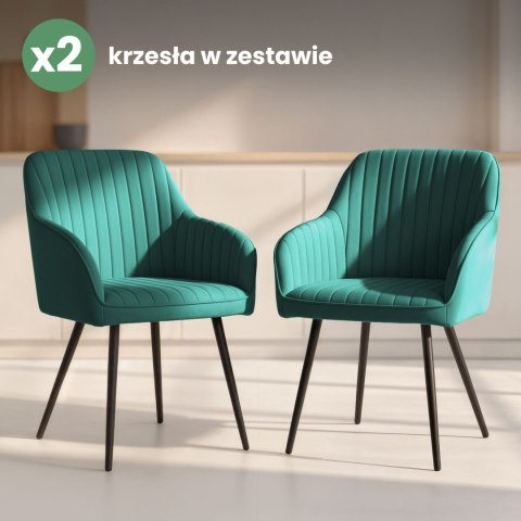 2x Welurowe krzesło tapicerowane z przeszyciami Butelkowa Zieleń FLORENCE Czarne nogi