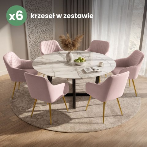 6x Welurowe krzesło tapicerowane z przeszyciami Pudrowy Róż FLORENCE Złote nogi