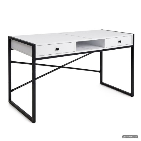 Biurko industrialne komputerowe Białe ELONIS 123 cm 2 szuflady 1 półka Czarne nogi
