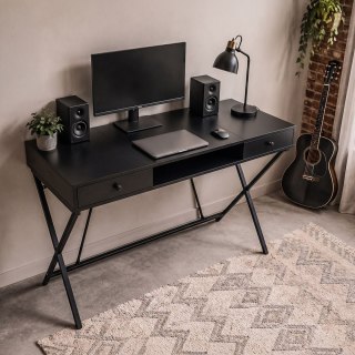 Biurko industrialne komputerowe Czarne CROSSLINE 120 cm 2 szuflady 1 półka Czarne nogi