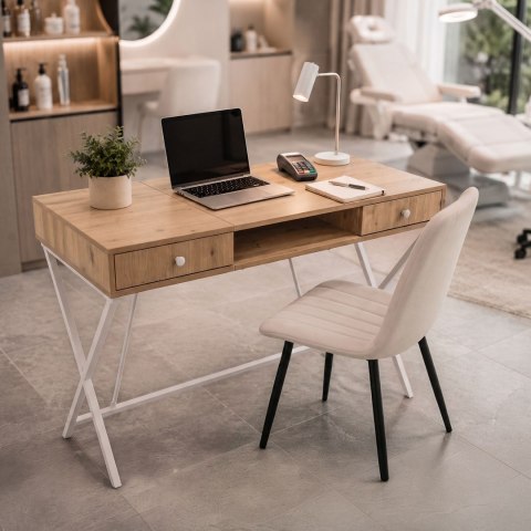 Biurko industrialne komputerowe Dąb Artisan CROSSLINE 120 cm 2 szuflady 1 półka Białe nogi
