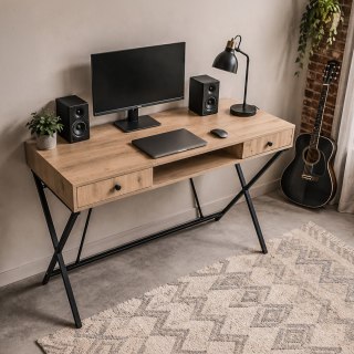 Biurko industrialne komputerowe Dąb Artisan CROSSLINE 120 cm 2 szuflady 1 półka Czarne nogi