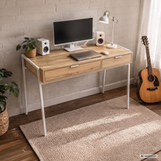 Biurko industrialne komputerowe Dąb Artisan ZENTIA 100 cm 2 szuflady Białe nogi