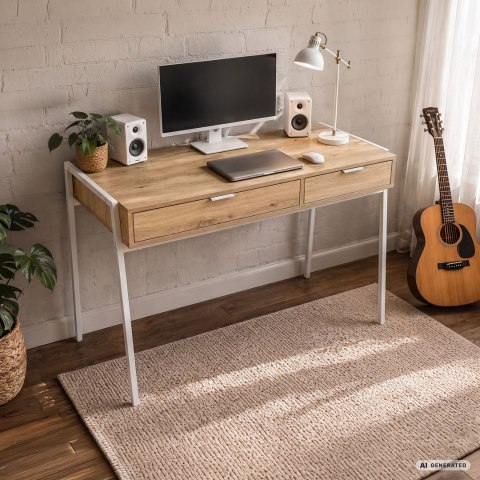 Biurko industrialne komputerowe Dąb Artisan ZENTIA 100 cm 2 szuflady Białe nogi