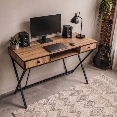 Biurko industrialne komputerowe Dąb Craft CROSSLINE 120 cm 2 szuflady 1 półka Czarne nogi