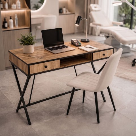 Biurko industrialne komputerowe Dąb Craft CROSSLINE 120 cm 2 szuflady 1 półka Czarne nogi