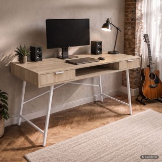 Biurko industrialne komputerowe Dąb Sonoma ARDEN 120 cm 2 szuflady 1 półka Białe nogi