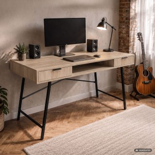 Biurko industrialne komputerowe Dąb Sonoma ARDEN 120 cm 2 szuflady 1 półka Czarne nogi