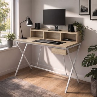 Biurko industrialne komputerowe Dąb Sonoma FLEXO 100 cm 1 szuflada 1 półka Białe nogi