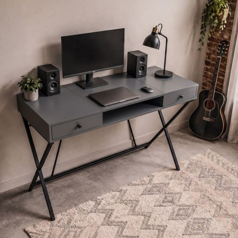 Biurko industrialne komputerowe Grafit CROSSLINE 120 cm 2 szuflady 1 półka Czarne nogi