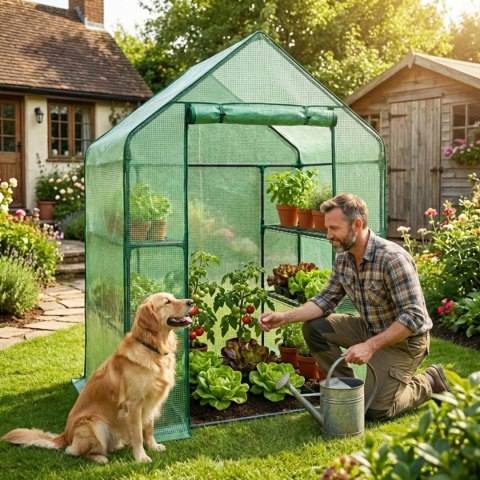 Mini szklarnia ogrodowa foliowa domek z półkami 1 drzwi Zielona 143x73x195 cm