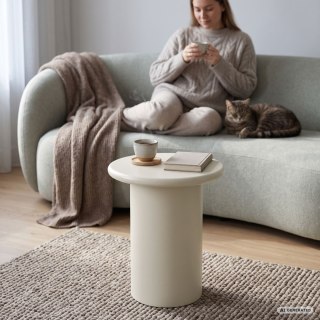 Stolik kawowy okrągły MONO 30 cm kremowy na cylindrycznej podstawie