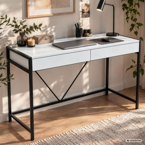 Biurko komputerowe LOFT PURE Białe 124 cm 2 szuflady czarne nogi styl industrialny 124x50x80 cm