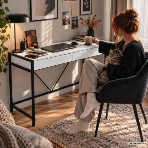 Biurko komputerowe LOFT PURE Białe 124 cm 2 szuflady czarne nogi styl industrialny 124x50x80 cm