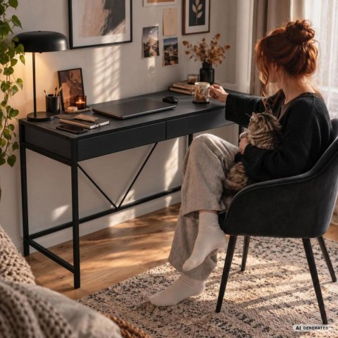 Biurko komputerowe LOFT PURE Czarne 124 cm 2 szuflady czarne nogi styl industrialny 124x50x80 cm