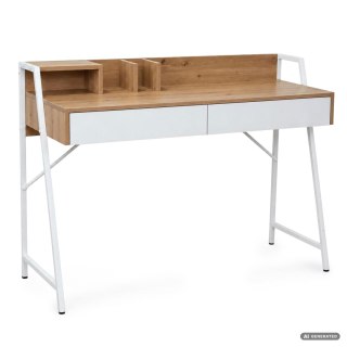 Biurko komputerowe ORIX Dąb Artisan 124 cm 2 szuflady 1 półka białe nogi styl industrialny 124x48x91,5 cm