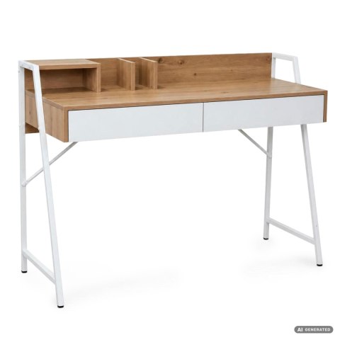 Biurko komputerowe ORIX Dąb Artisan 124 cm 2 szuflady 1 półka białe nogi styl industrialny 124x48x91,5 cm