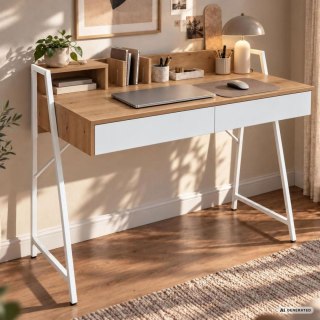 Biurko komputerowe ORIX Dąb Artisan 124 cm 2 szuflady 1 półka białe nogi styl industrialny 124x48x91,5 cm