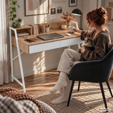 Biurko komputerowe ORIX Dąb Artisan 124 cm 2 szuflady 1 półka białe nogi styl industrialny 124x48x91,5 cm