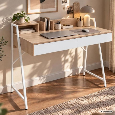Biurko komputerowe ORIX Dąb Sonoma 124 cm 2 szuflady 1 półka białe nogi styl industrialny 124x48x91,5 cm