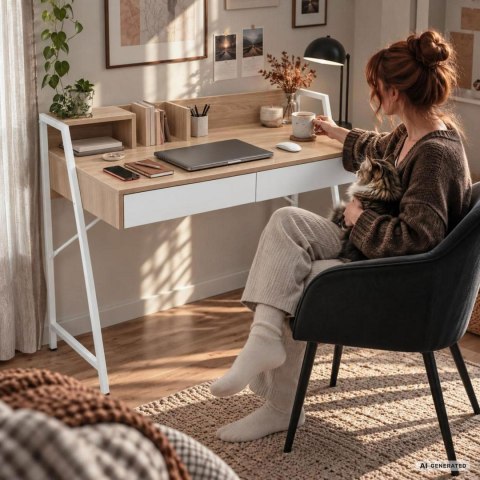 Biurko komputerowe ORIX Dąb Sonoma 124 cm 2 szuflady 1 półka białe nogi styl industrialny 124x48x91,5 cm
