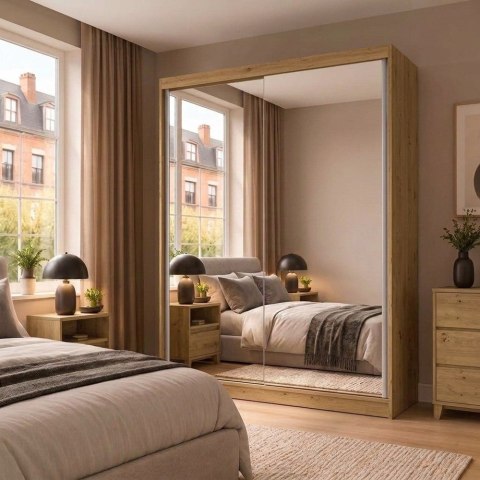 SZAFA Przesuwna IGA 160 2 Lustra DĄB ARTISAN BIEL - Nowoczesny Design
