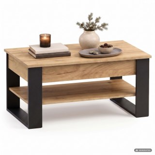 Stolik kawowy z podnoszonym blatem DENVER 92 cm prostokątny z półką Dąb Craft czarne nogi