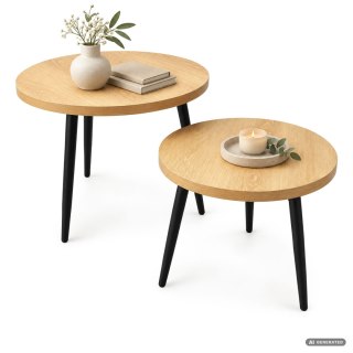 Zestaw stolików kawowych TWINO 52 cm okrągłe Naturalne Drewno czarne nogi
