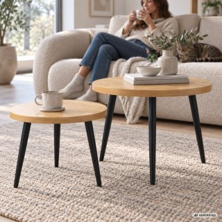 Zestaw stolików kawowych TWINO 52 cm okrągłe Naturalne Drewno czarne nogi