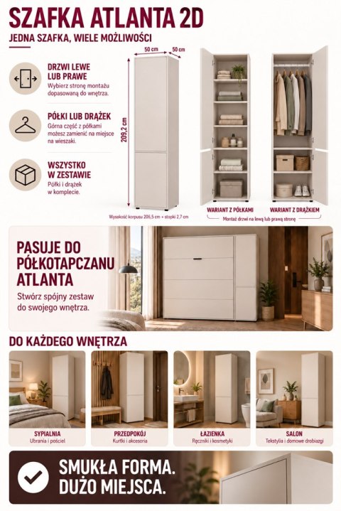 SZAFKA Wysoki Słupek ATLANTA 2D Drążek 2 Drzwi Półki Sypialnia Salon 209 Cm