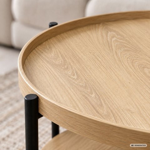 Stolik kawowy loftowy RIVA 51 cm okrągły z półką Naturalne Drewno czarne nogi