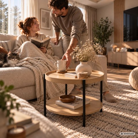 Stolik kawowy loftowy RIVA 51 cm okrągły z półką Naturalne Drewno czarne nogi